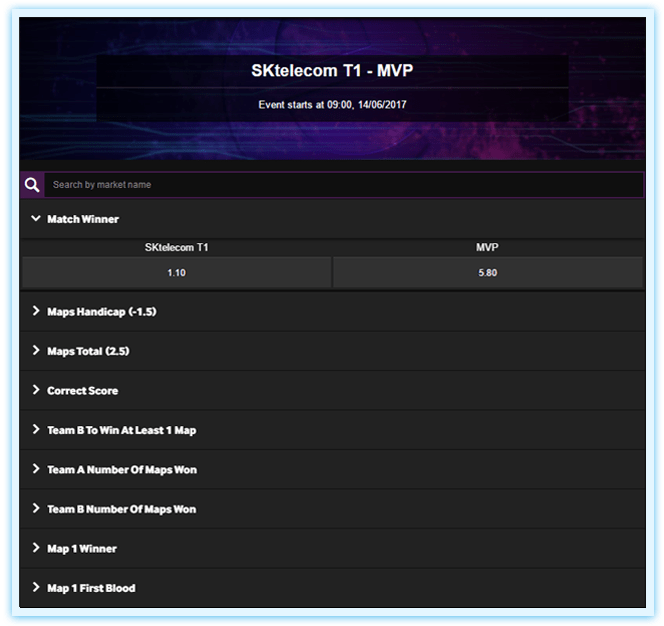 There are usually several betting markets available for individual esports matches.