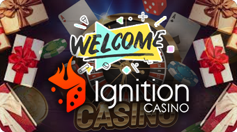 Presents and Casino Chips and Cards Flying, Welcome Logo Over Ignition Casino Logo