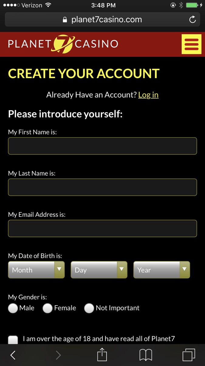 Sign Up Screen at Planet 7 on an iPhone