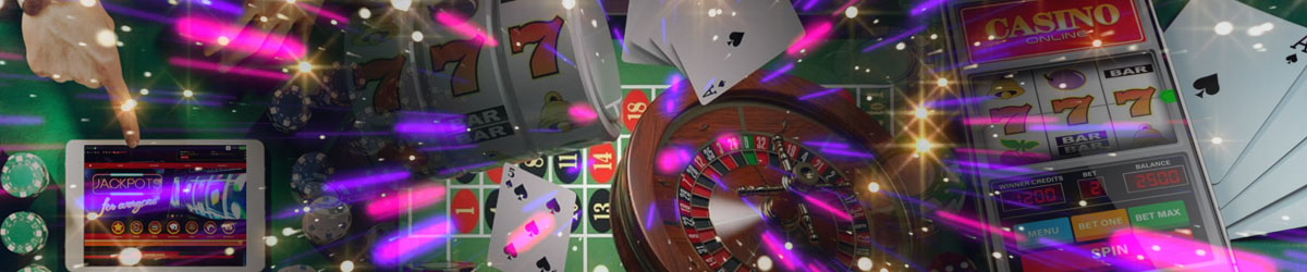 Casino imagery like roulette wheel, cards, chips, slots and other for how online gambling works