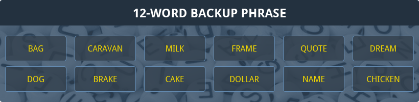 An Example of a Back up Phrase for an Online Cryptocurrency Wallet