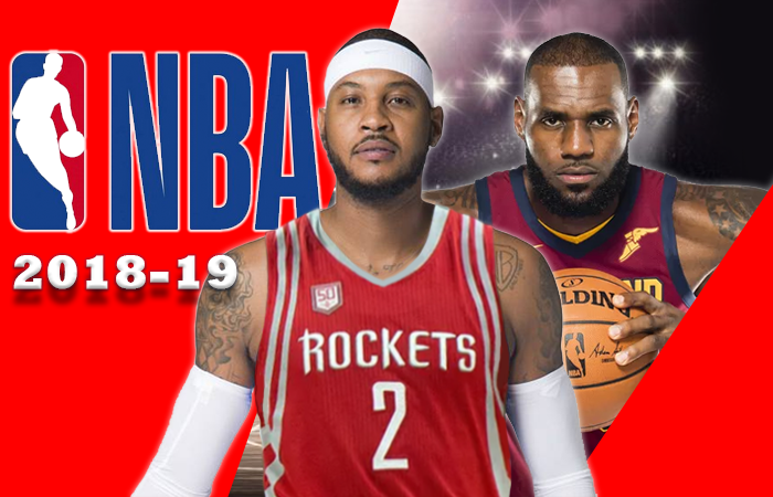 Carmelo Anthony and LeBron James with NBA Logo