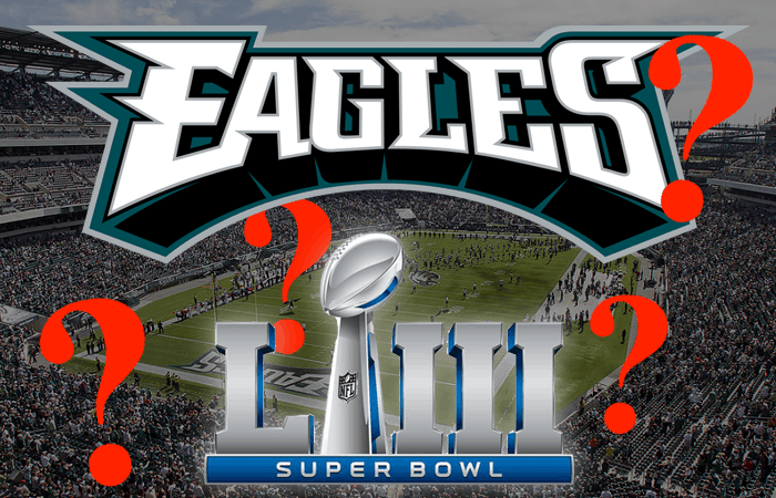 Eagles Logo Super Bowl 53 Logo Red Question Marks and Eagles Field