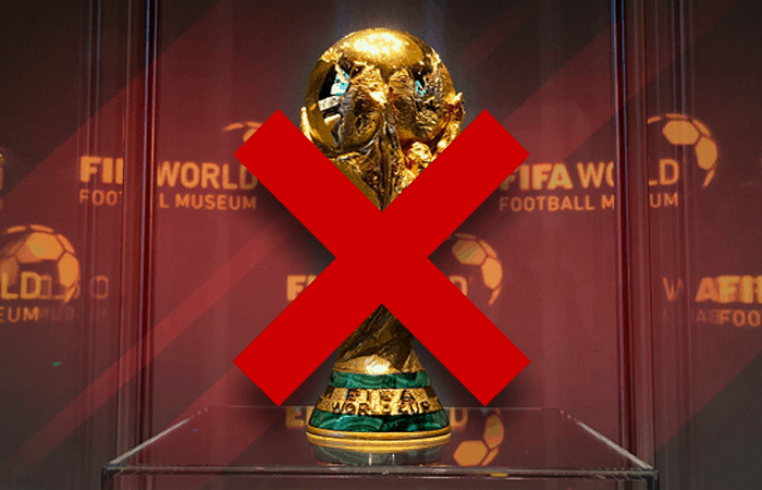 FIFA World Cup Trophy and Red X with Red Background|Johan Cruyff and Ferenc Puskas with FIFA World Cup Trophy and Red X