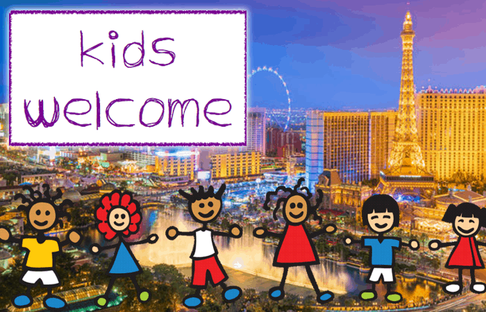 Line of Kids Las Vegas Strip and Kids Welcome Sign|New York New York Hotel and Casino|Excalibur Hotel & Casino|Circus Circus Casino in Las Vegas|The Mirage Hotel and Casino|Mandalay Bay Resort and Casino