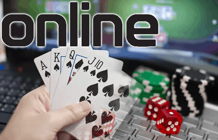 Online Sign and Hand with Cards Showing Gambling Online