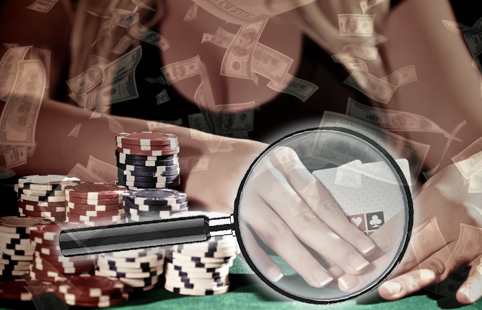 Poker Player with Money Falling and Magnifying Glass