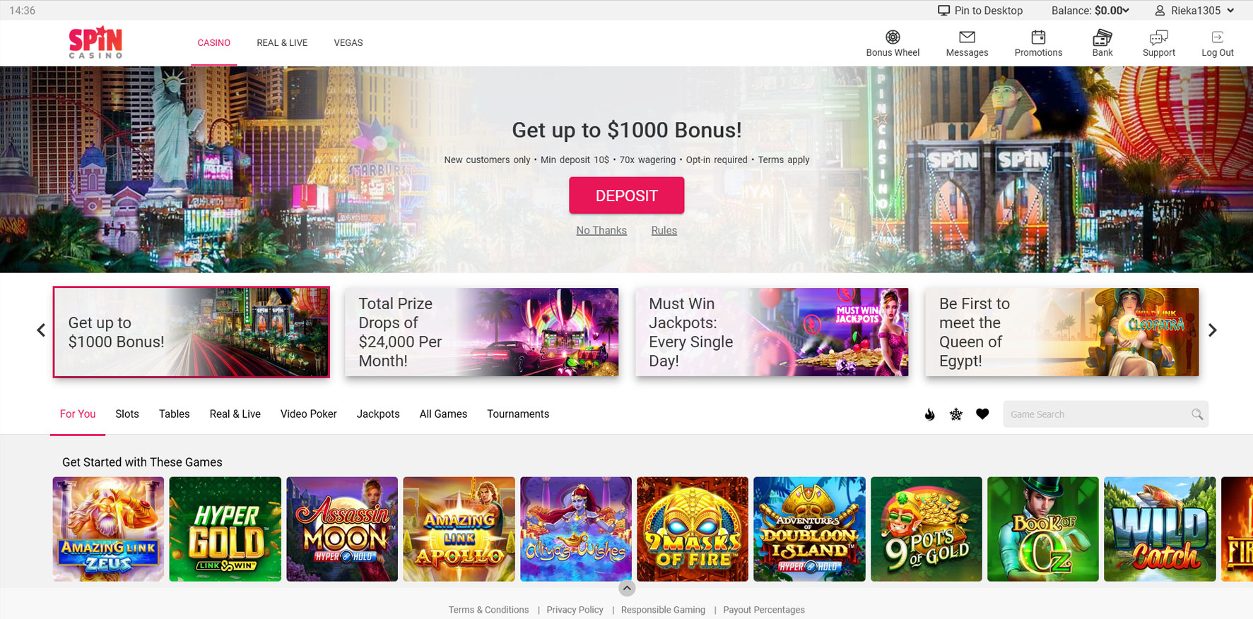 Homepage of Spin Casino