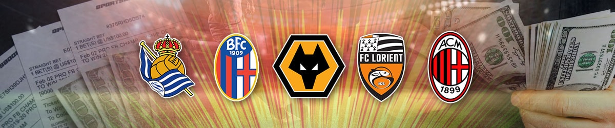 Real Sociedad, Bologna F.C, Wolverhampton Wanderers F.C, FC Lorient, A.C. Milan Club Logos