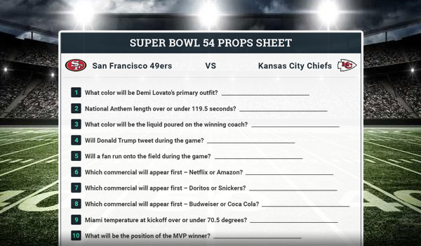 Super Bowl 2020 Props Sheet Fun
