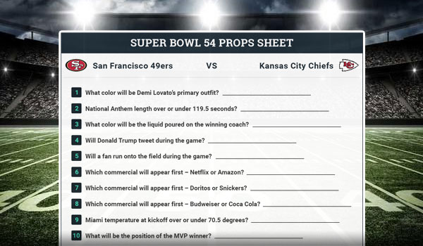 Free Printable Super Bowl 2020 Prop Bets Sheet With Best SB 54 Props