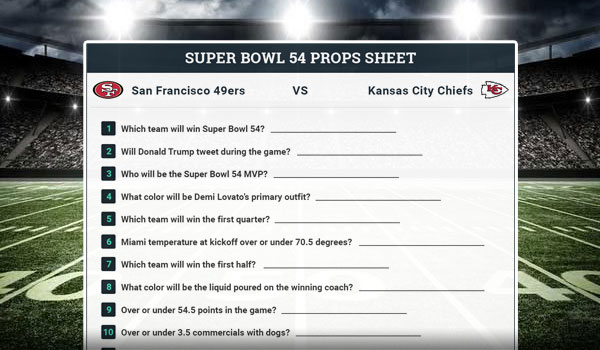 Super Bowl 2020 Props Sheet Mixed