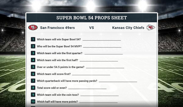 Super Bowl 2020 Props Sheet Traditional
