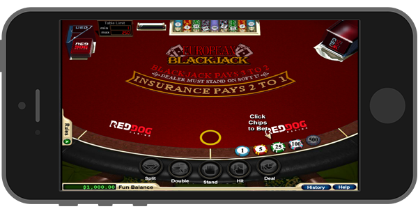 Blackjack on the Red Dog mobile app