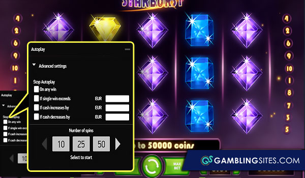 Advanced autoplay options for the Starburst online slot game.