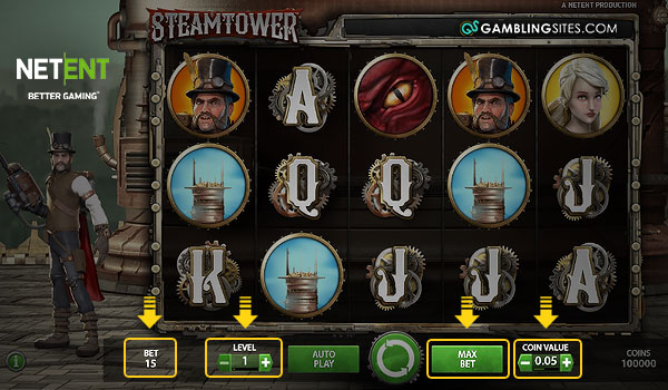 Betting options for the Steam Tower real money slot.
