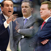 Collage of Mike Kryzyzewski, Bill Self, and John Calipari