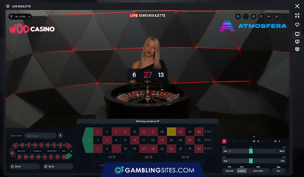 A roulette game with a real dealer at WooCasino.com