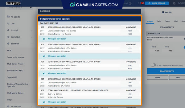 Example of the types of World Series bets you can make online.