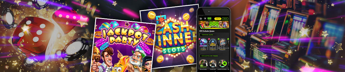 Casino imagery like dice, chips, and slots with mobile phone and images of popular slot apps like Jackpot City