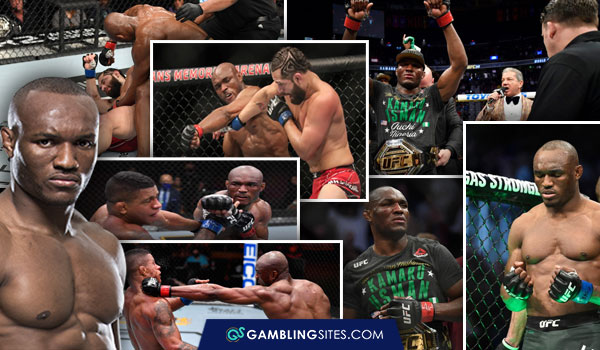 Collage of Kamaru Usman fighting in the ring