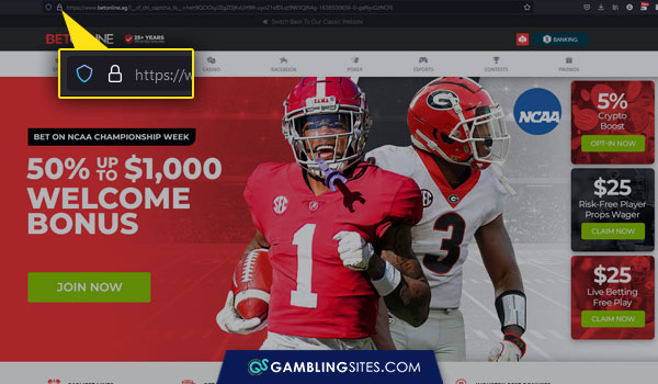 Where to look to see if a gambling site has SSL encryption.