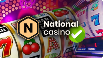 Icons of Slot Wheels, National Casino Logo With Green Check Mark