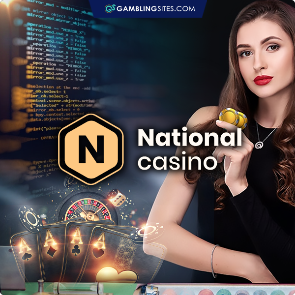 Live Dealer Standing Holding Casino Chips, National Casino Logo