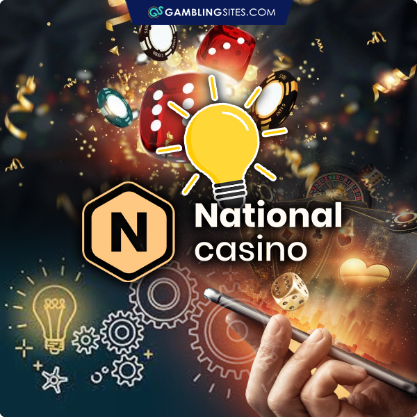 Casino Dice Flying and Lightbulb Over National Casino Logo, Hand Holding Phone