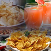 Super Bowl food with chips, nachos, and drinks