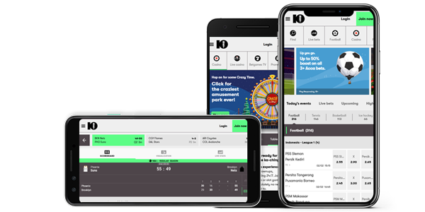10bet Casino Sportsbook and Casino Displayed on Three Phones