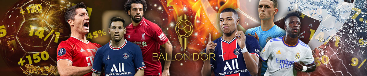 Ballon d’Or trophy with Odds/numbers in background with soccer players