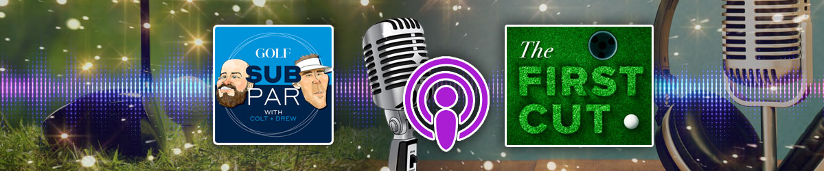 microphones, headphones, golf course in background, podcast show logos