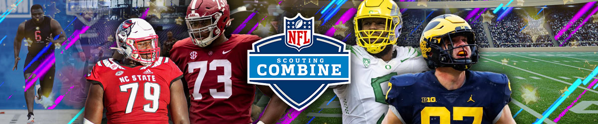 NFL Scouting Combine logo, football field with combine events, college football players
