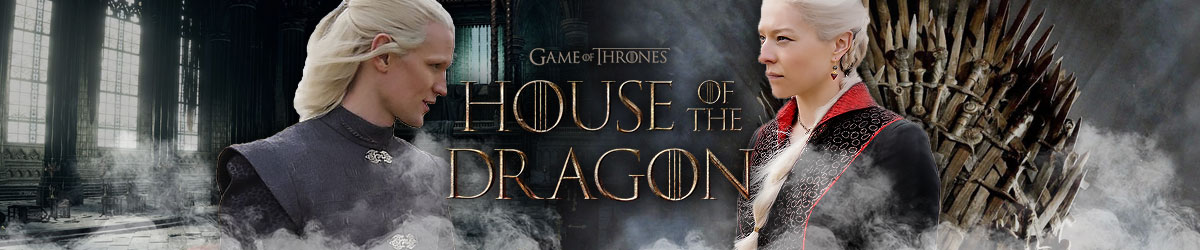 House of Dragon logo, Iron Throne, Prince Damon Targaryen and Princess Rhaenyra Targaryen