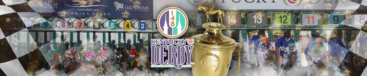 Kentucky Derby logo, Run for the Roses trophy, jockeys riding horses