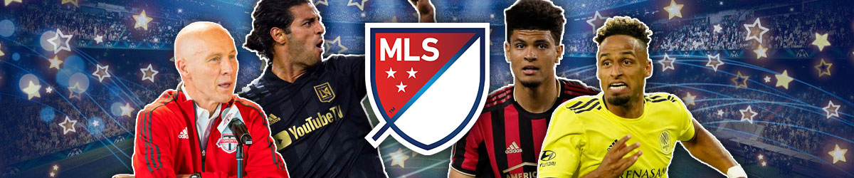 MLS logo with Head Coach Bob Bradley and Players Carlos Vela, Miles Robinson, Hany Mukhtar