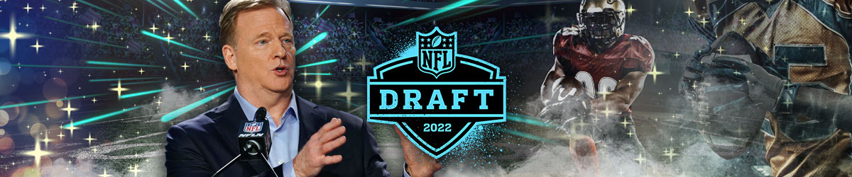 2022 nfl draft graphic, roger goodell to left, football imagery