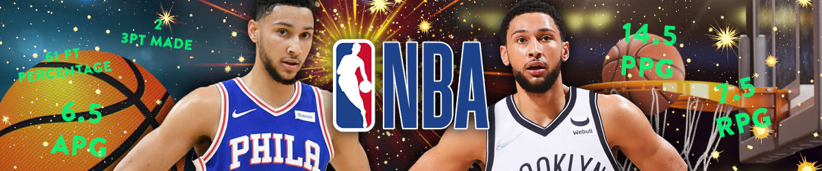 NBA logo in the center, NBA betting background with stats, Ben Simmons