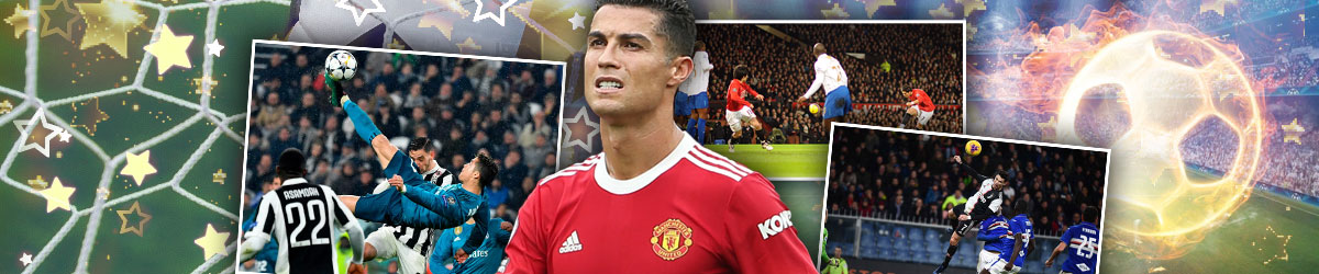 Cristiano Ronaldo centered, soccer background, collages of Ronaldo making goals