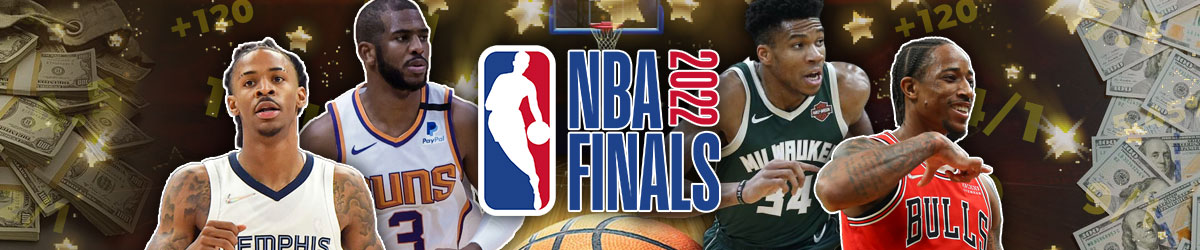2022 NBA Finals logo with NBA betting background with basketballs and basketball players