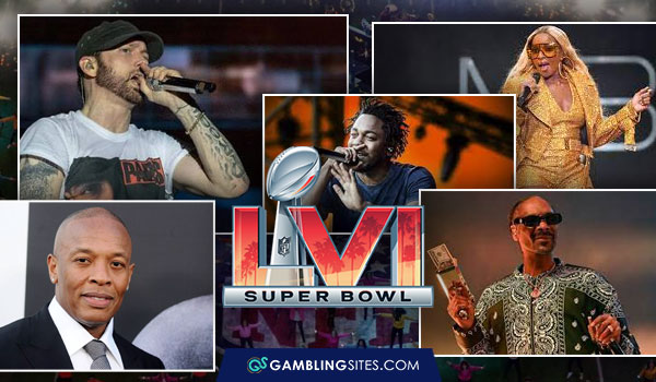 Super Bowl 56 Halftime Show collage of Eminem, Dre, Snoop, Kendrick, and Mary J. Blige