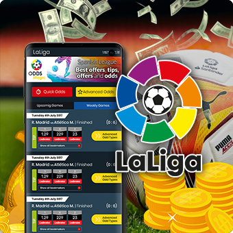 Cell Phone Showing La Liga Betting, Gold Coins, Money Flying
