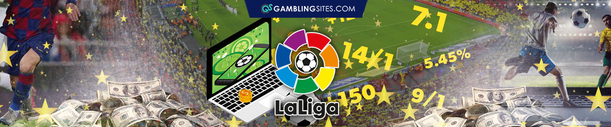 Banner With La Liga Logo, Laptop Showing Betting, Money Piled Up