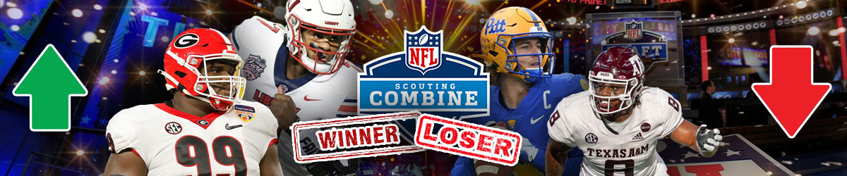 NFL Combine logo, winners/losers stamp, green arrow up/red arrow down, NFL draft board, NFL players