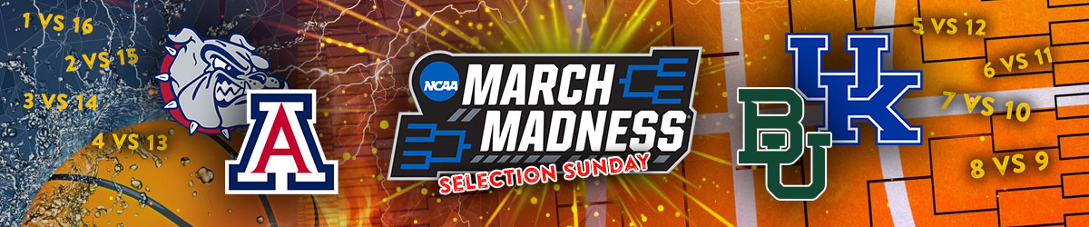 March Madness logo, Selection Sunday stamp, basketballs with brackets, team logos