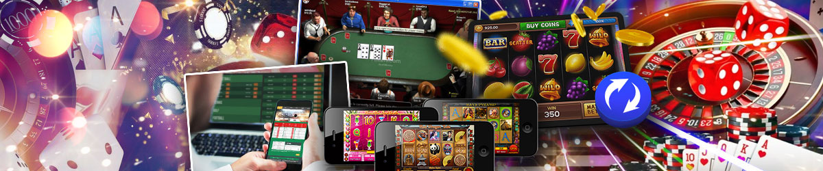 Casino background with cards and roulette table, collages of smartphones, man sitting at his laptop