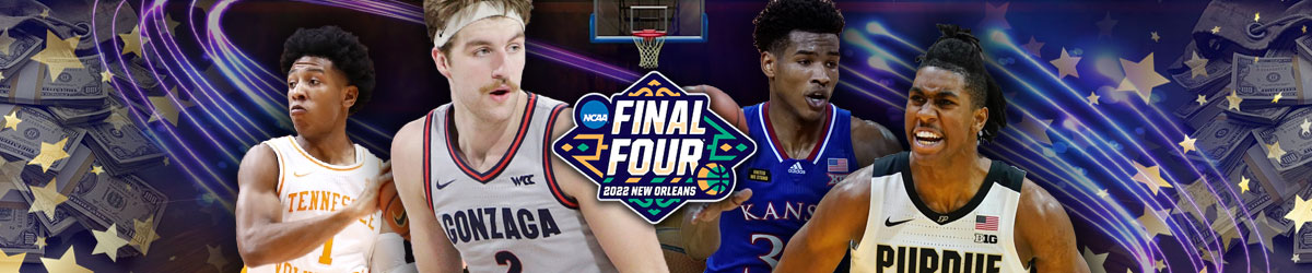 March Madness Final Four logo, basketball betting background, college players