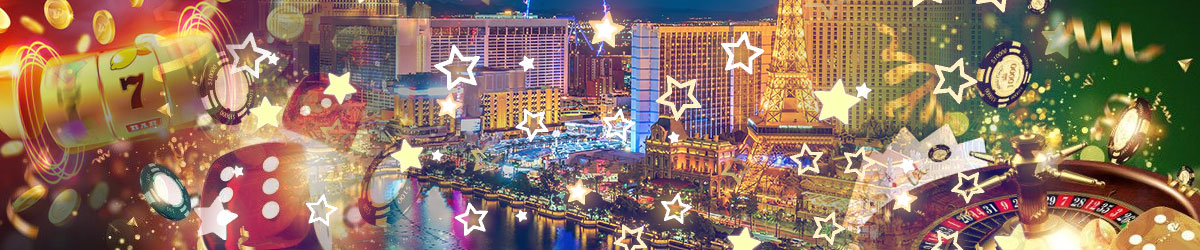 Las Vegas skyline in back, with slots, poker, roulette, and craps imagery.