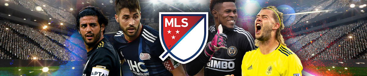MLS logo, Carles Gil (New England), Carlos Vela (LAFC) , Andre Blake (Philadelphia), Walker Zimmerman (Nashville)